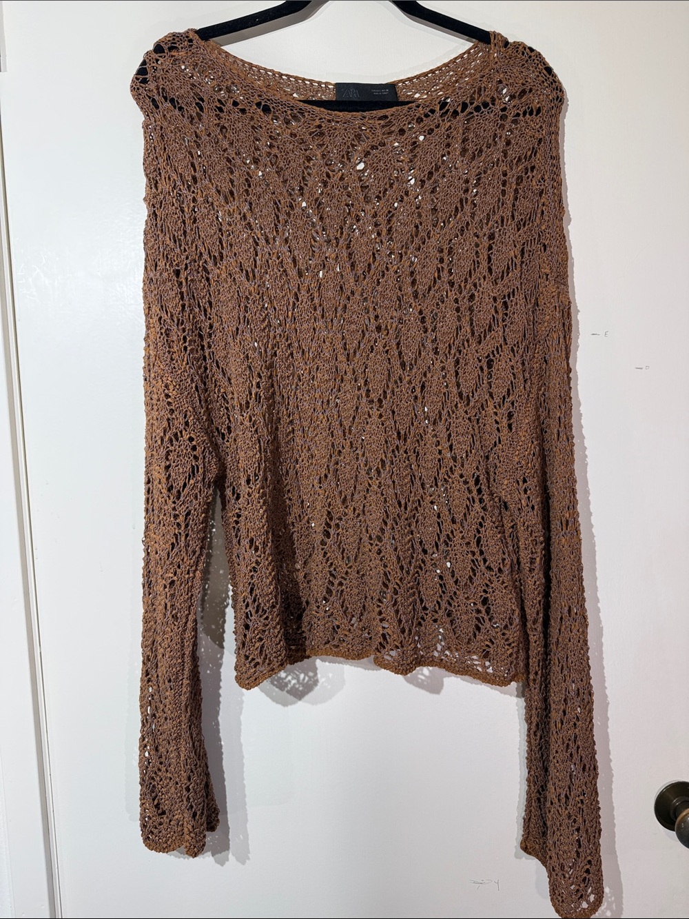 Crocheted Open-Knit Boatneck  Sweater in Shades who of Light Browns